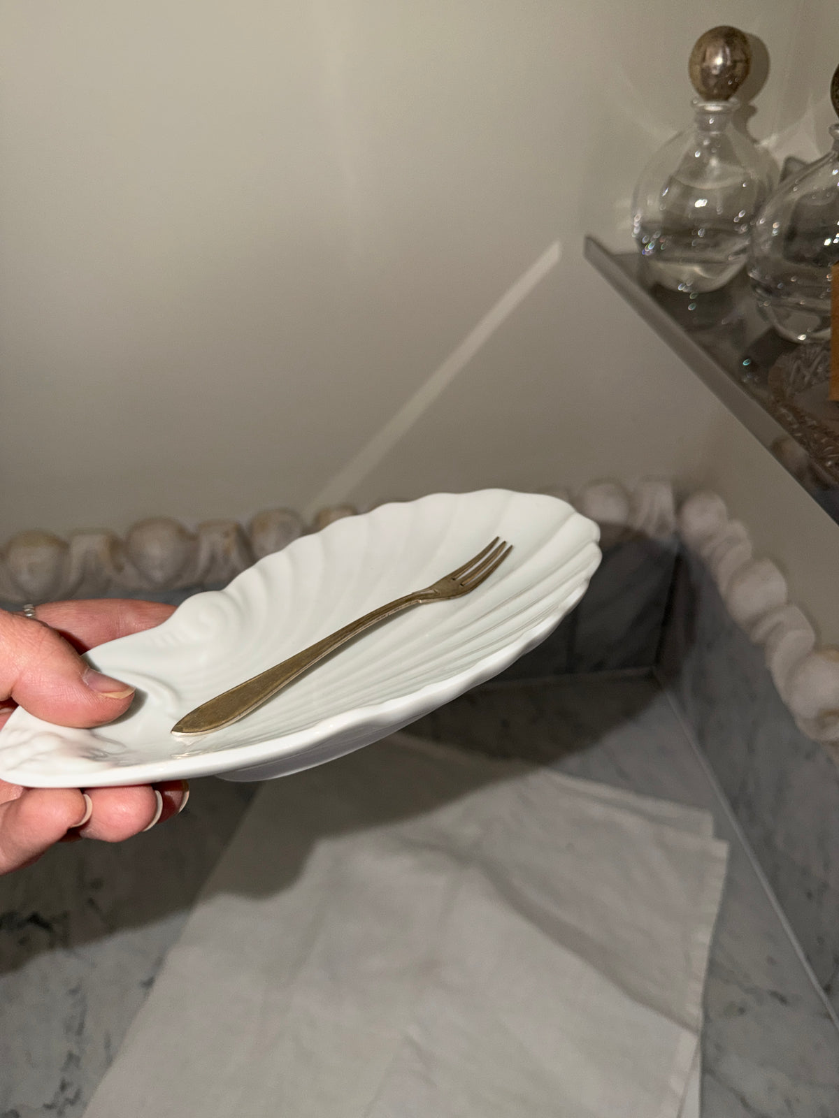Vintage shell dish and serving fork