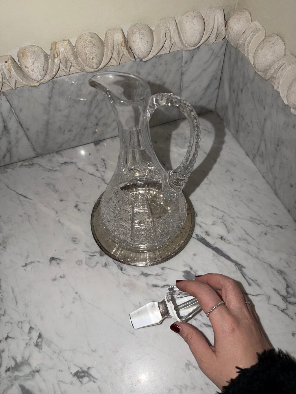 Large crystal carafe with new silver tray