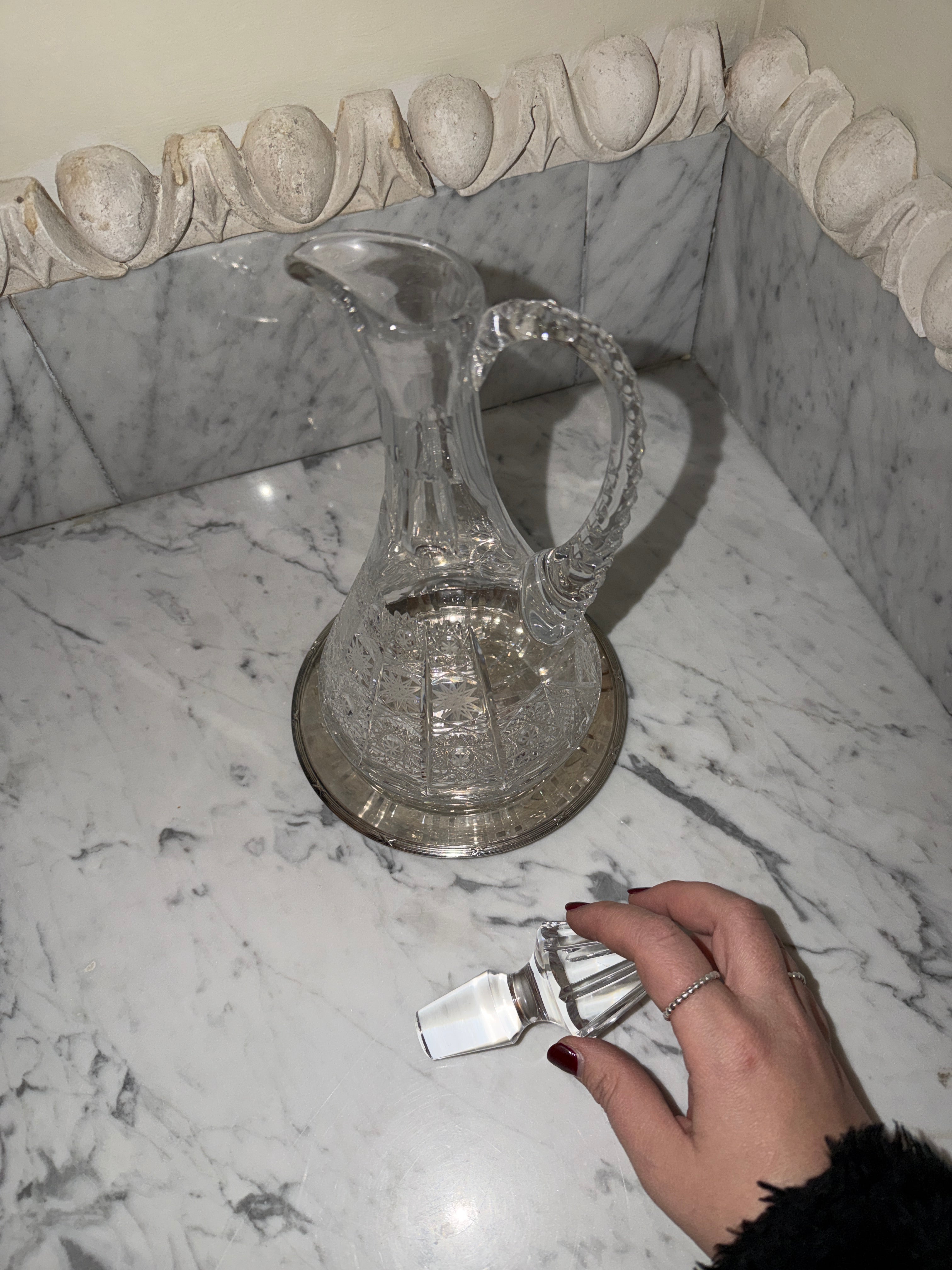 Large crystal carafe with new silver tray