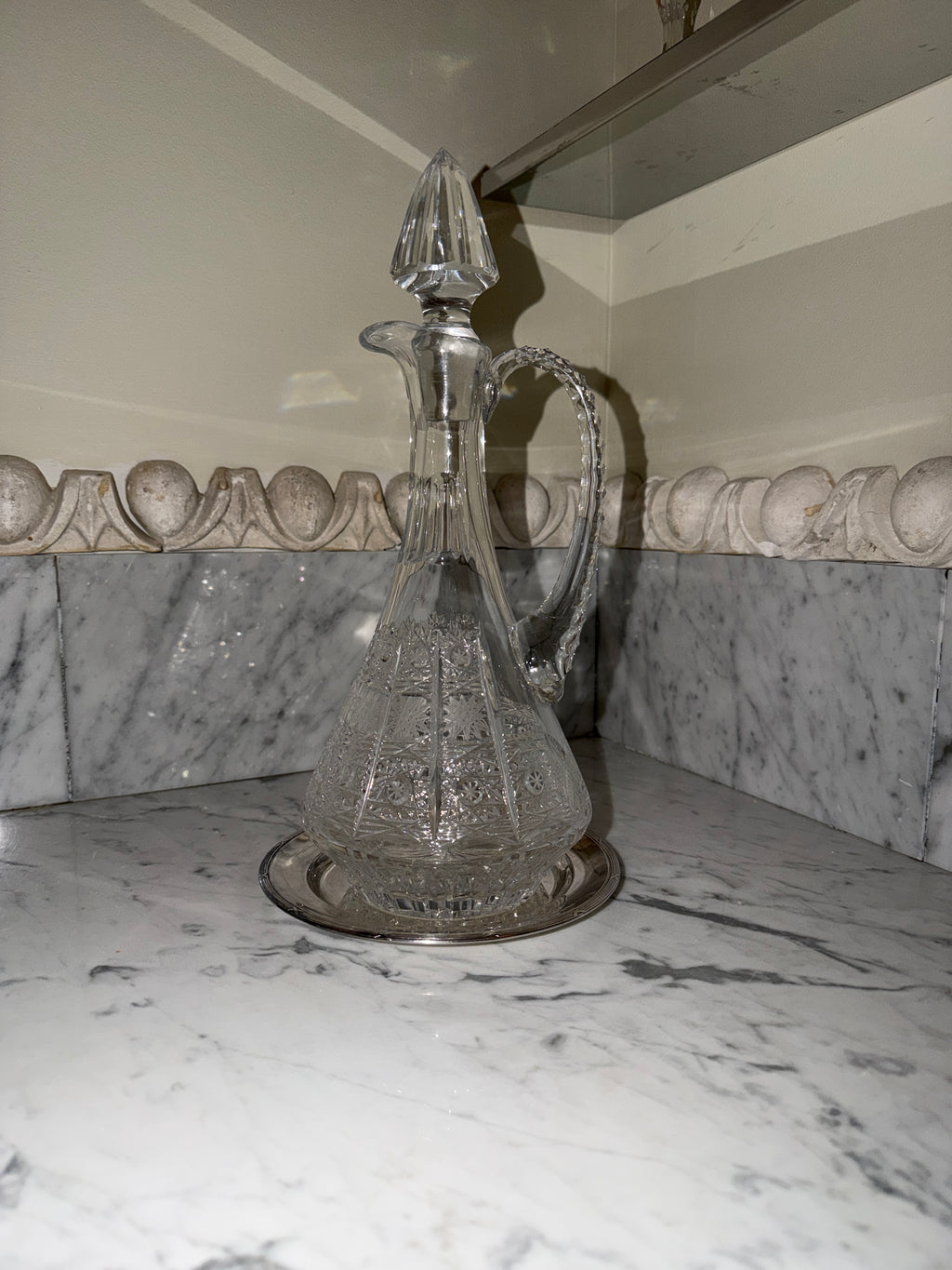 Large crystal carafe with new silver tray