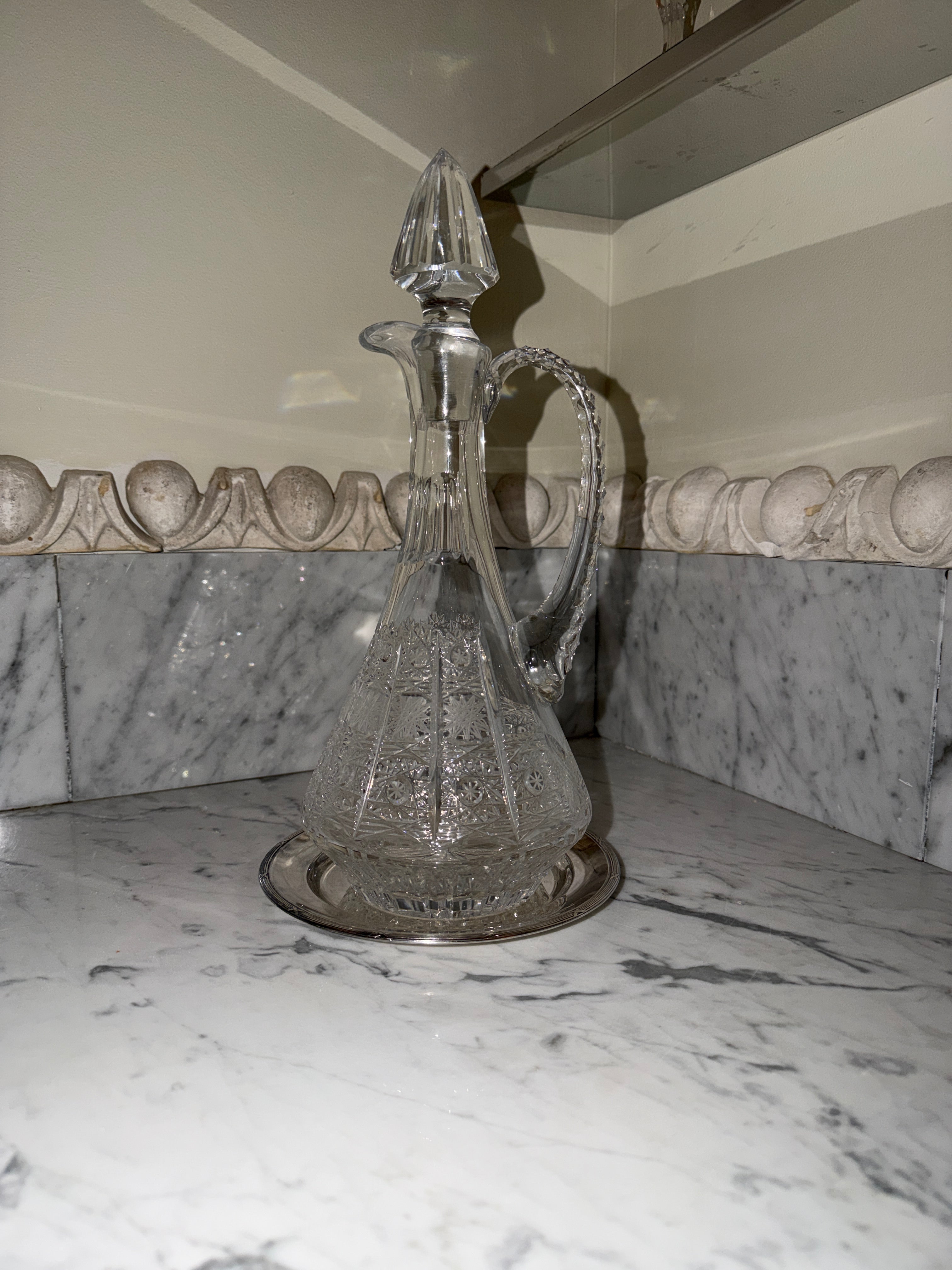 Large crystal carafe with new silver tray