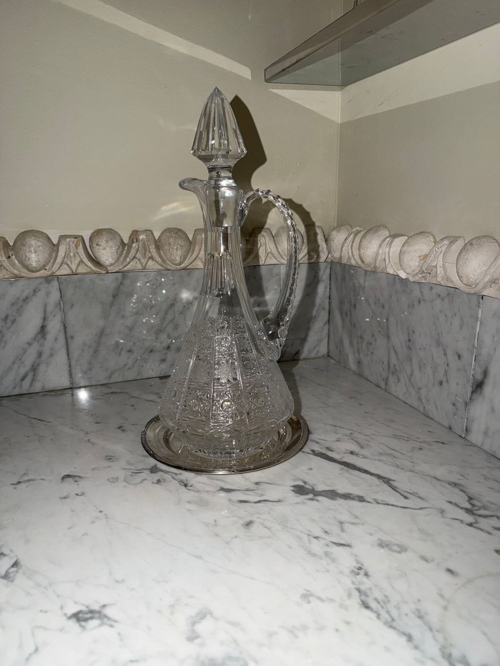 Large crystal carafe with new silver tray