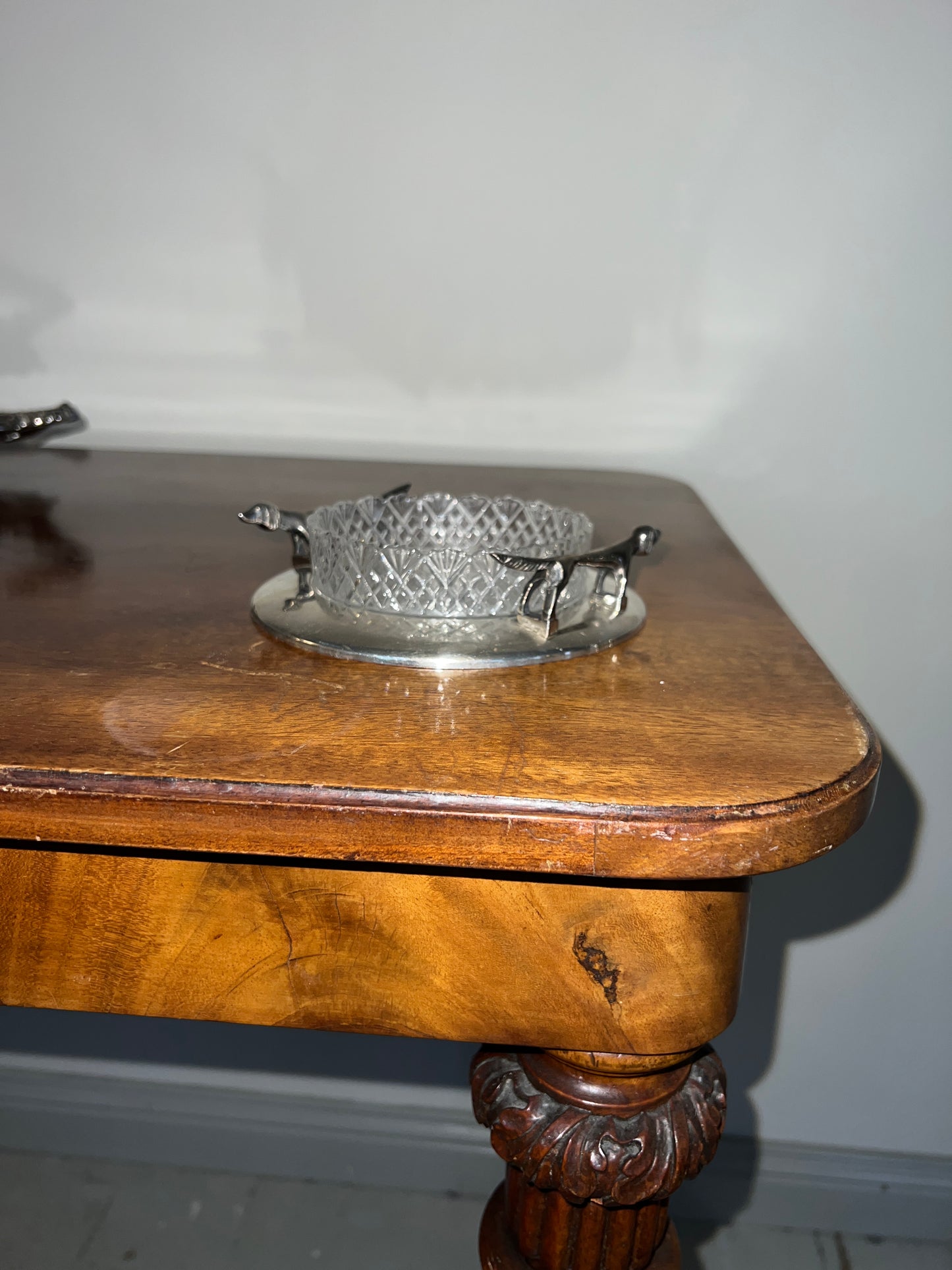 Vintage Silver-Plated Butter Dish with Cut Glass Insert and Daschshund Handles