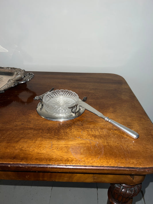 Vintage Silver-Plated Butter Dish with Cut Glass Insert and Daschshund Handles