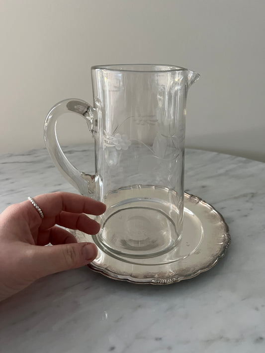 Antique Etched Glass Jug & Silver-Plated Tray -Set