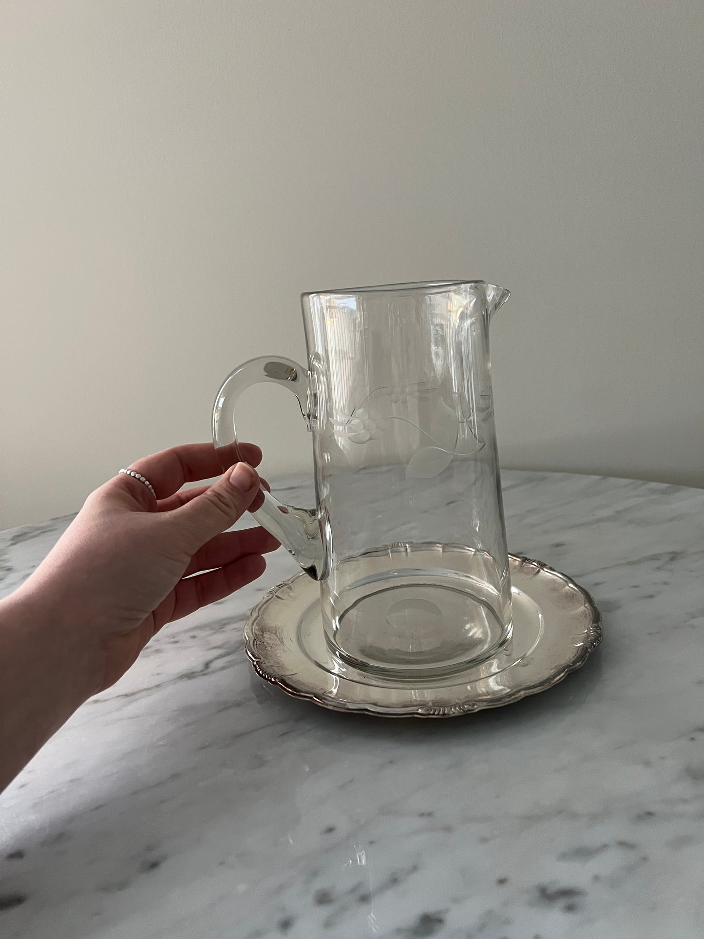 Antique Etched Glass Jug & Silver-Plated Tray -Set