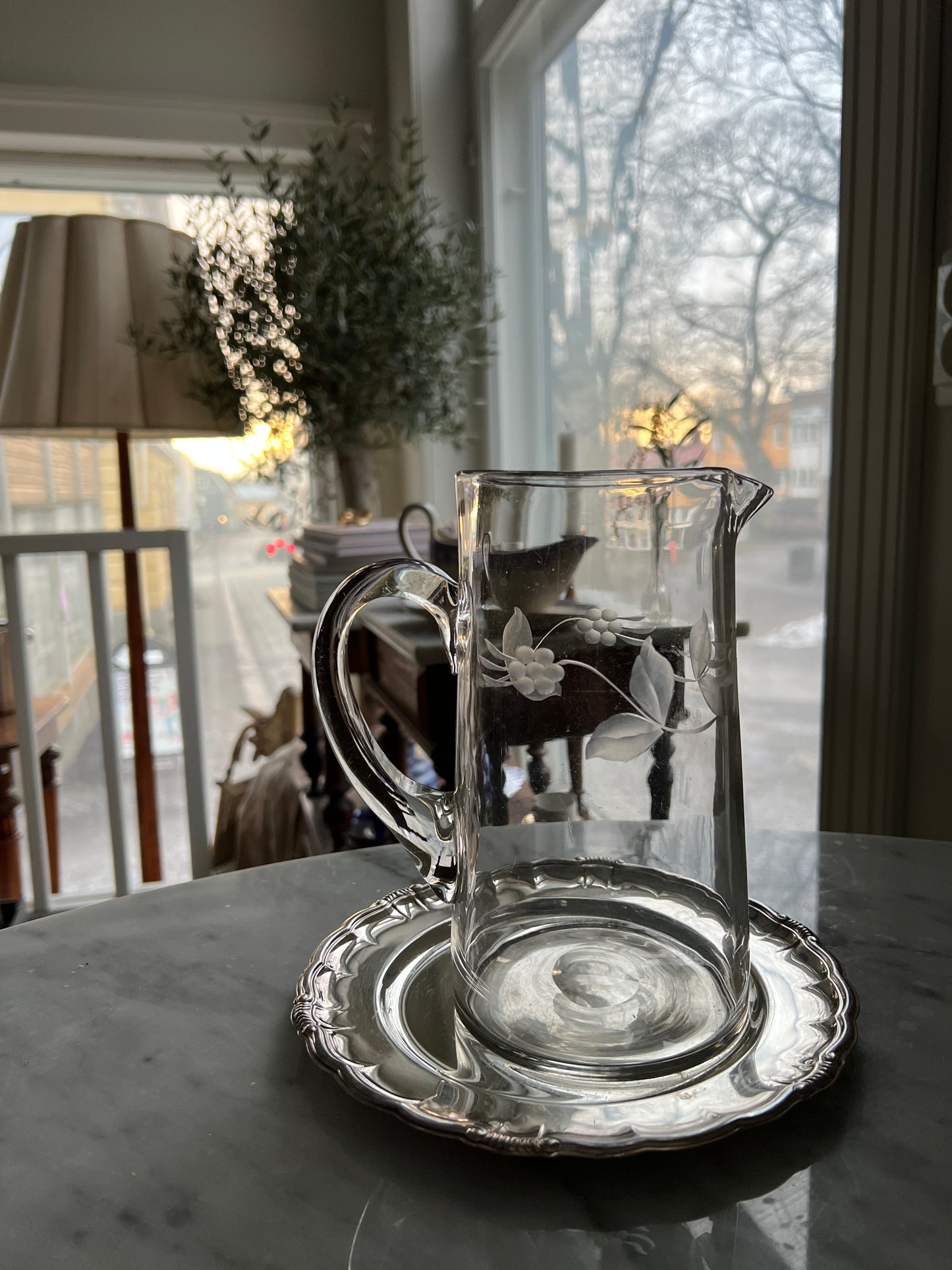 Antique Etched Glass Jug & Silver-Plated Tray -Set