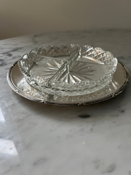 Vintage Cut Glass Serving Dish with Silver-Plated Tray