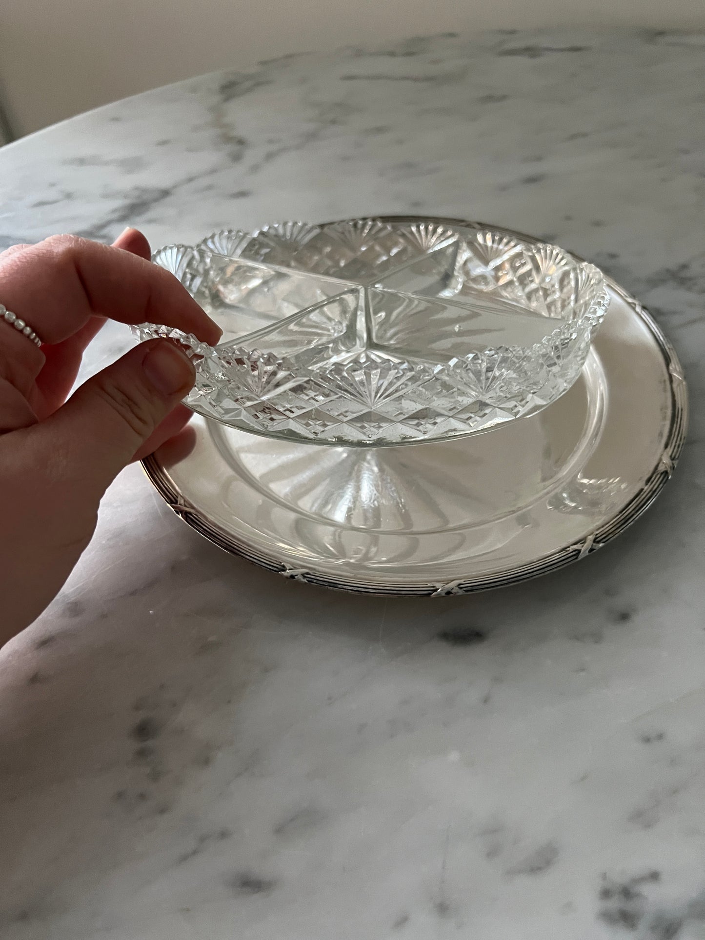 Vintage Cut Glass Serving Dish with Silver-Plated Tray