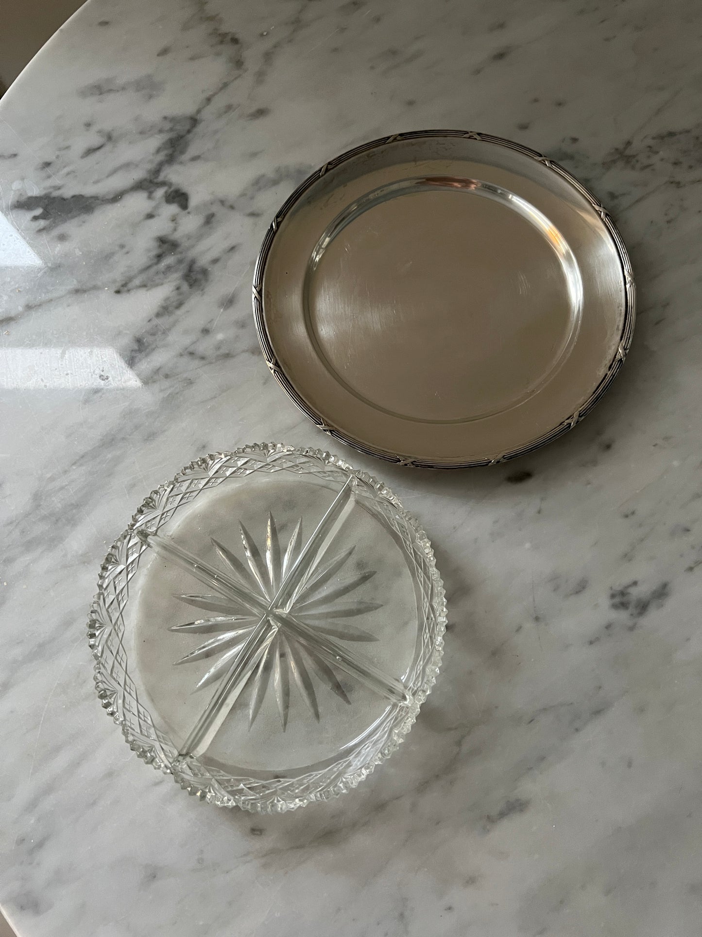 Vintage Cut Glass Serving Dish with Silver-Plated Tray